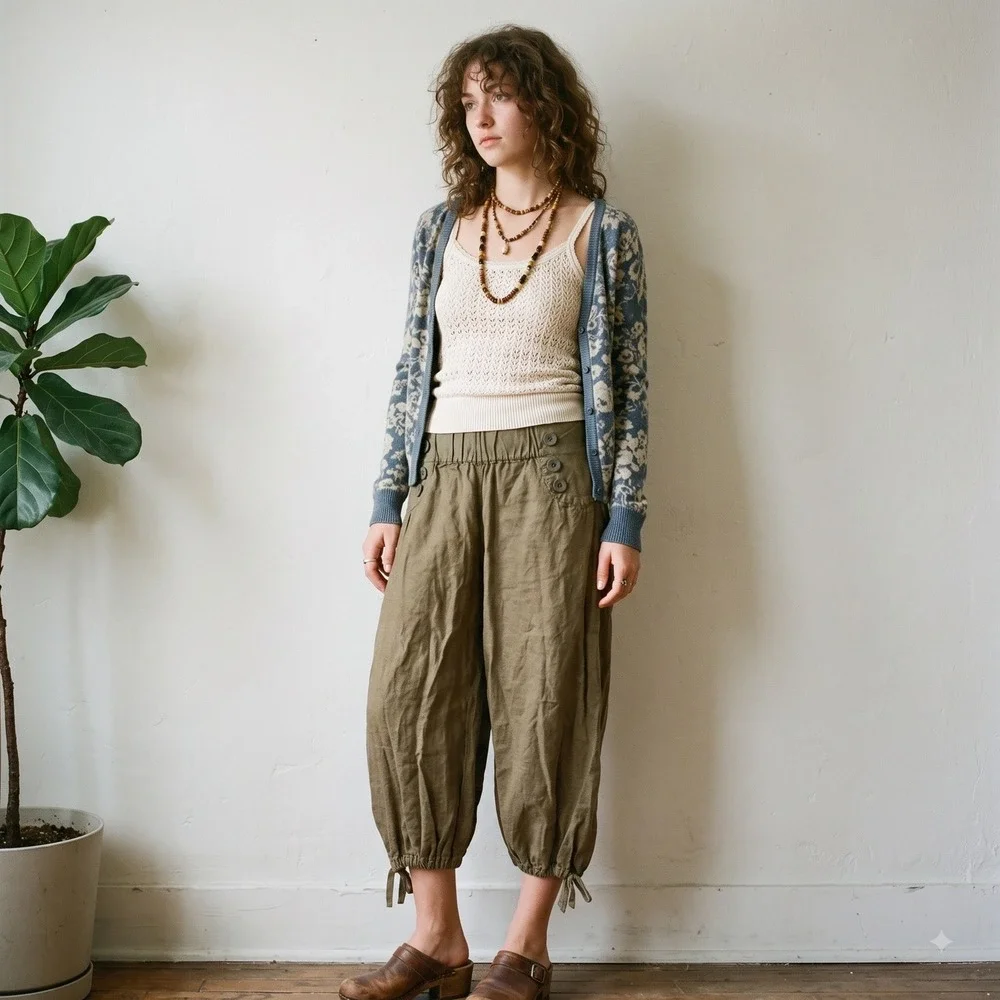 Vintage Y2K Anthropologie Lux Women Pants XS Brown Linen Blend Capris Crop‎